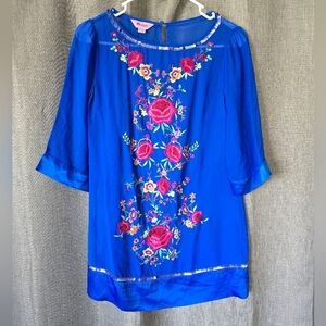 Monsoon Embroidered Floral Shift Mini Dress Blue 3/4 Slv Size (US 4) Silk